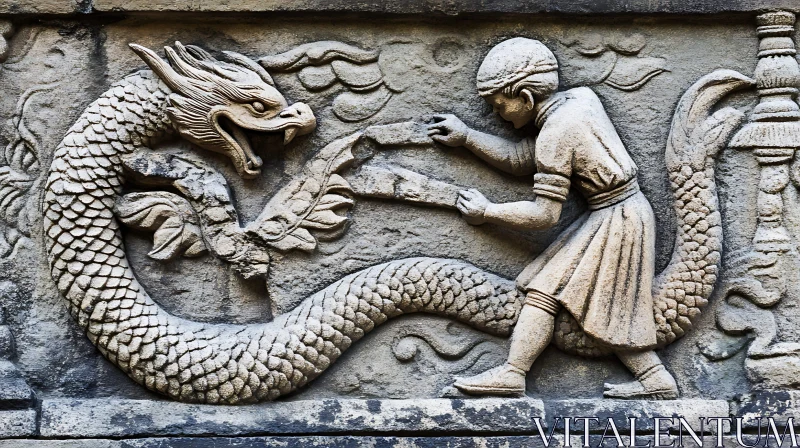 AI ART Stone Relief of Dragon Encounter