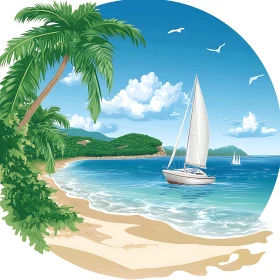 Coastal Serenity: Sailboat and Tropical Paradise