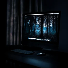 Computer Screen with Nighttime Forest Wallpaper
