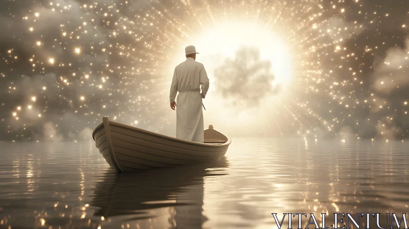 Man in Boat Under Sparkling Sky