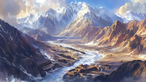Snowy Peaks and Ancient Settlements Landscape