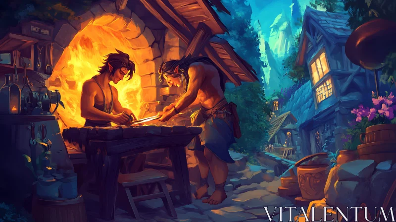 Fantasy Elves Shaping Metal in Village