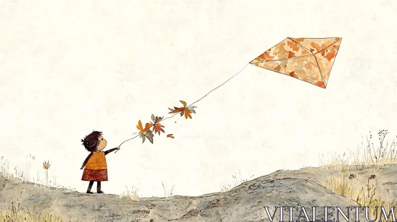 AI ART Child with Leaf Kite on Hill