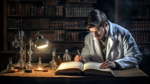 Amateur Chemist Reading Book at Night in Dark Library