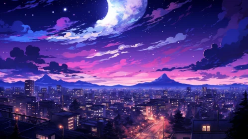 Anime Cityscape Night Sky Artwork