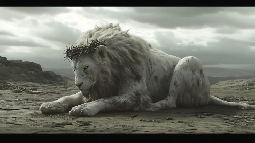 Monochrome Lion in Desolate Landscape