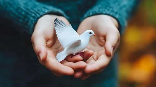 Gentle Hands Holding a White Dove