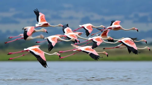 Pink Flamingos Flying Over Water