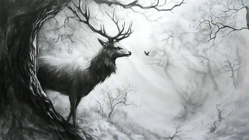 Serene Deer Illustration in Grayscale