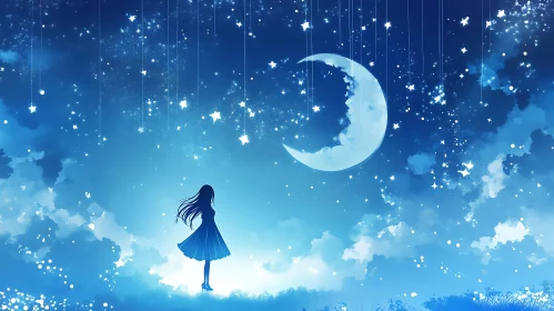 Girl Stargazing Under Crescent Moon