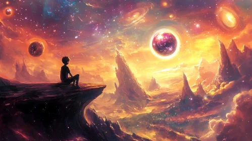 Celestial Vista: Boy Gazing at Distant Planets