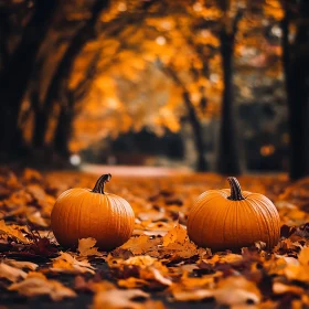 Two Pumpkins on Fallen Leaves