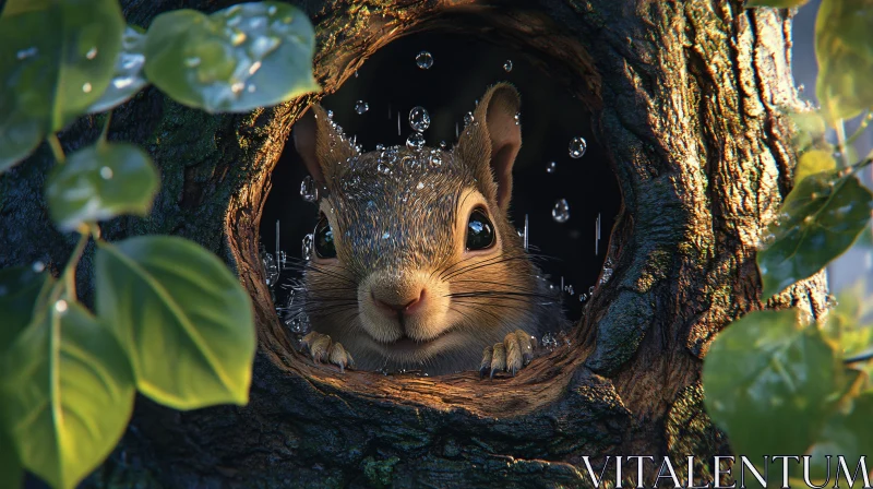 Woodland Squirrel Peeking From Tree