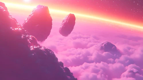 Pink Sky with Floating Asteroids
