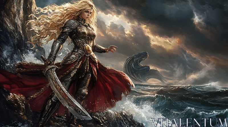 Female Warrior with Sword on Rocky Coast