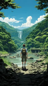 Captivating Anime Art: A Man's Journey under a Majestic Waterfall