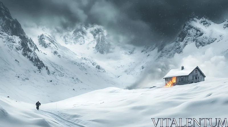 Snowy Mountain Cabin Ablaze AI Image