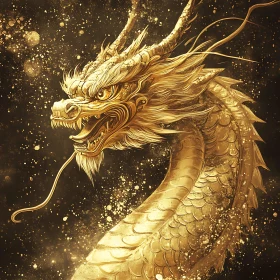 Mythical Golden Dragon on Dark Background