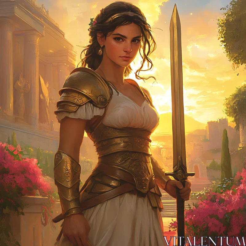 Female Warrior with Sword in Sunset