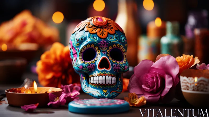 AI ART Day of the Dead Celebrations: Colorful Sugar Skull and Floral Decorations