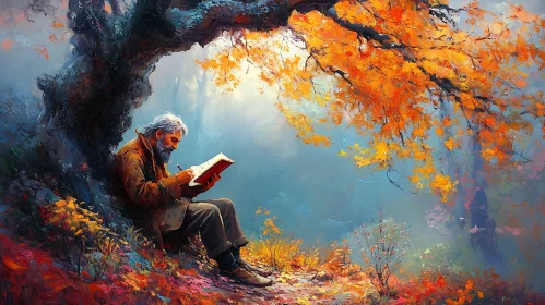 Man Writing Under an Autumn Tree