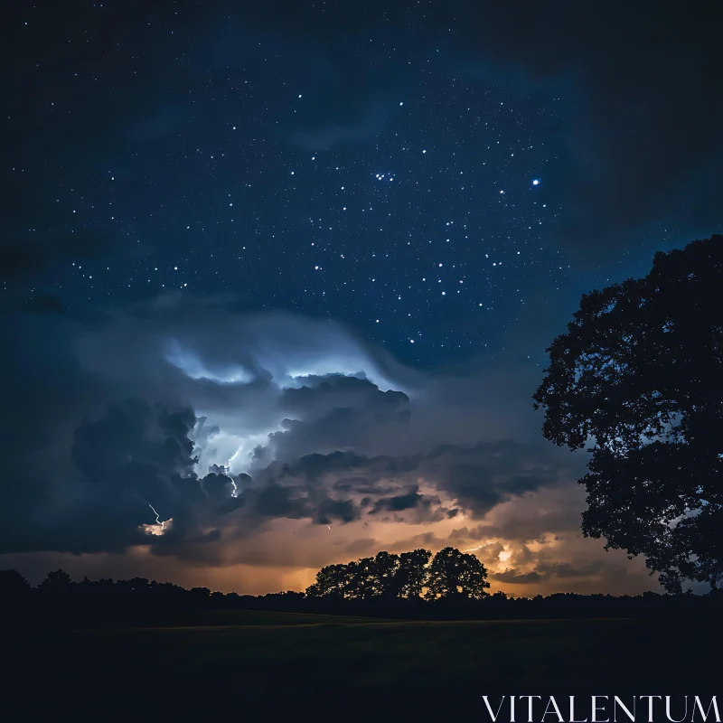 AI ART Ethereal Nightscape: Lightning and Starlight
