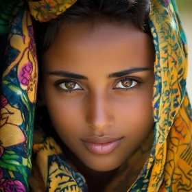 Woman's portrait with patterned headscarf
