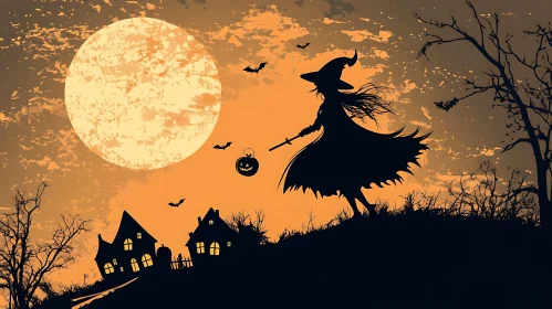 Witch on Broomstick with Halloween Pumpkin