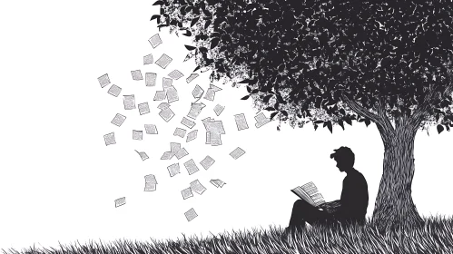 Monochrome Reader Under Tree with Floating Papers
