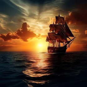 Ocean Sunset with Sailing Boat
