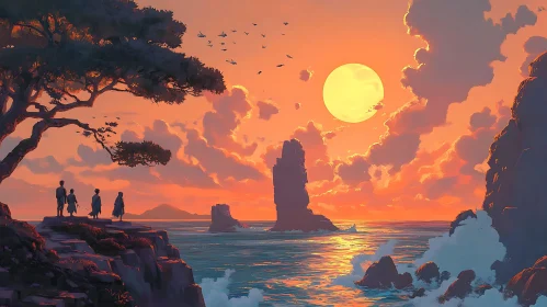 Coastal Sunset View with Silhouetted People