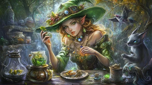Mystical Witch Brewing Potions in the Woods
