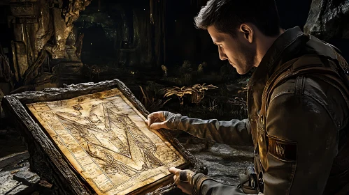 Man Reading Old Map in Cave