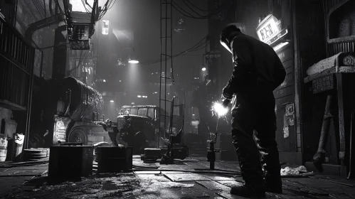 Gritty Welding Scene in Urban Setting