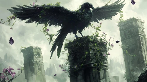 Mystical Raven on Stone Pillars Artwork