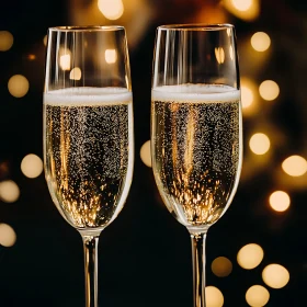 Festive Champagne Flutes with Bokeh Lights
