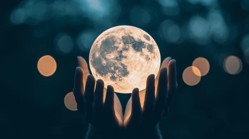 Glowing Moon Held in Human Hands