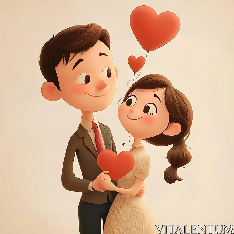 Sweet Cartoon Romance with Heart Balloons