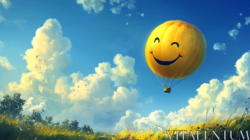 Smiley Face Balloon Floating in Sky