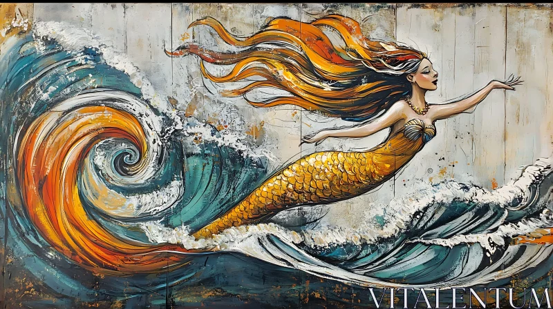 Golden Mermaid in Ocean Swirls