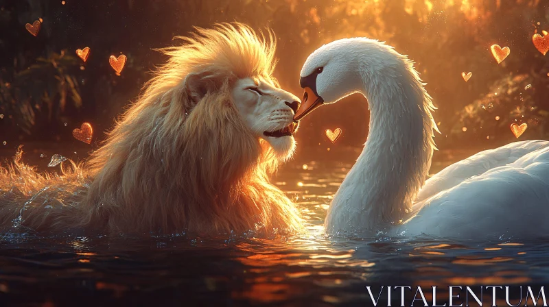A Lion and Swan in Water