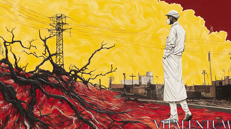 Post-Apocalyptic Landscape with Figure in Protective Gear