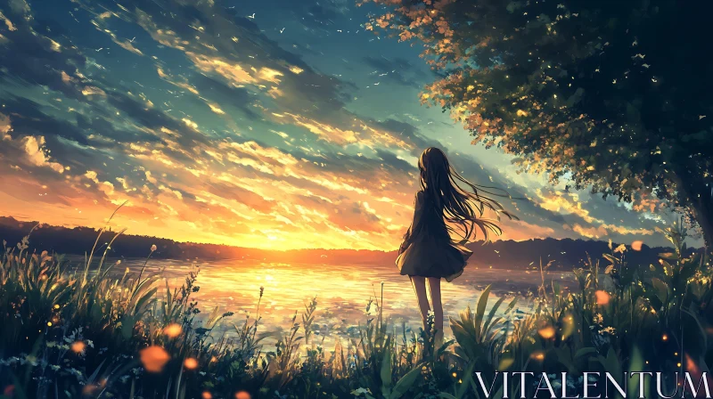 Anime Girl Contemplates Sunset Over Lake