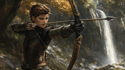 Female Archer Aiming in Woodland Scene