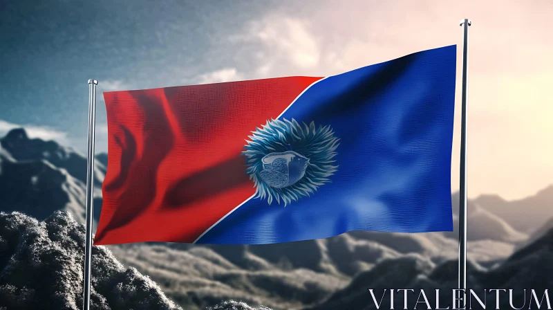 Red and Blue Flag Waving in Mountain Landscape
