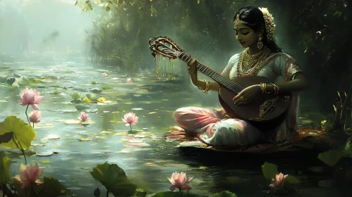 Woman with Lute by Lotus Lake