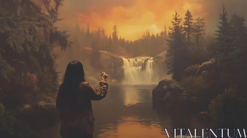 Woman Painting a Waterfall Landscape