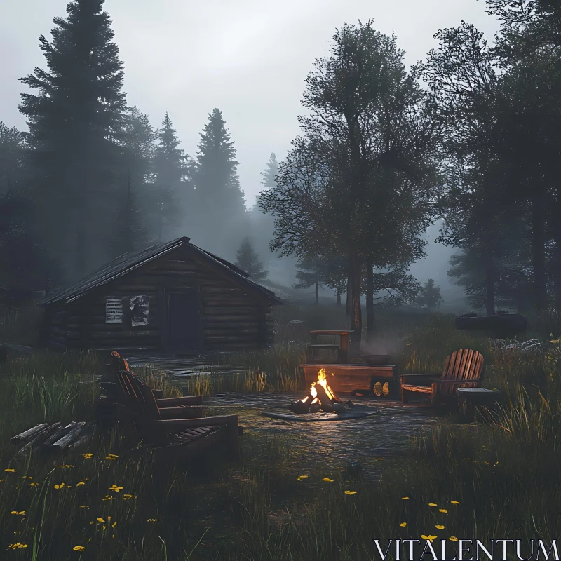 Secluded Cabin with Campfire at Dusk