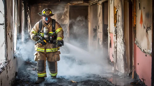 Firefighter in Action Amidst Smoke and Flames