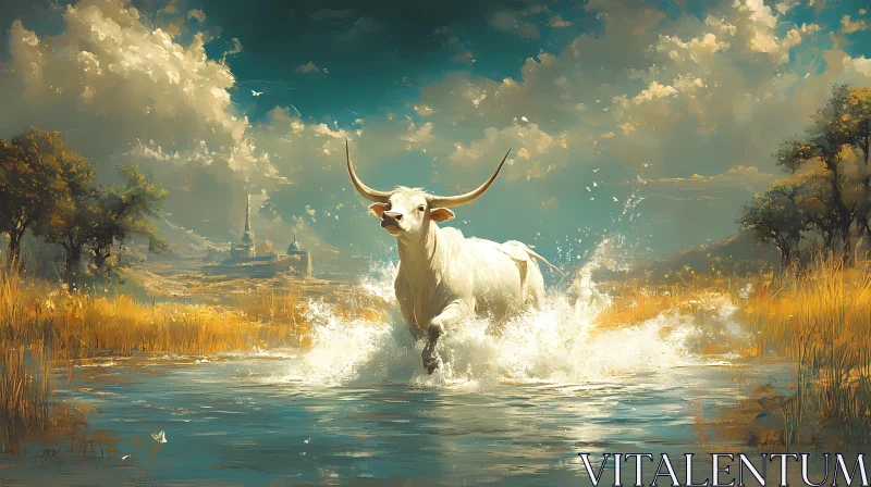 Charging Bull in Scenic Landscape